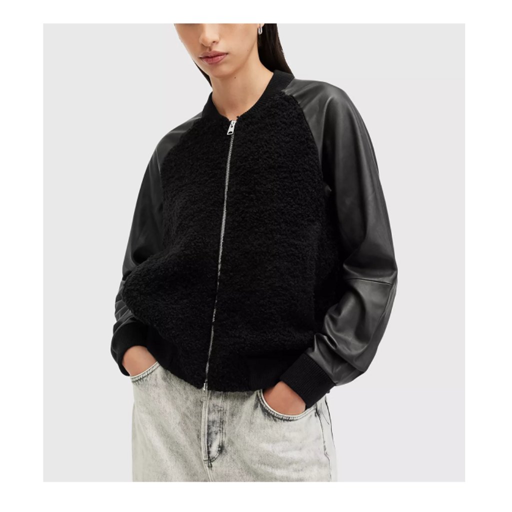 Allsaints Renata Leather Sleeve Wool Blend Bomber Jacket